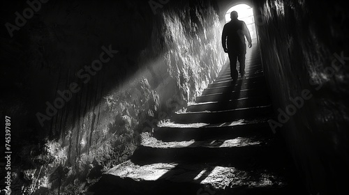 Silhouette of a man walking up the stairs in a dark underground tunnel photo