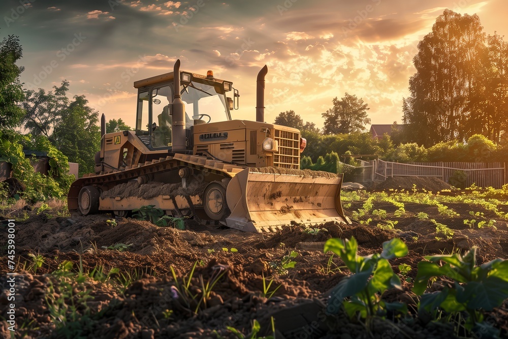 An eco-friendly bulldozer operating in a field, powered by clean energy, preparing the land for a community garden on Earth Day. An eco-friendly bulldozer operating in a field, powered by clean energy, preparing the land for a community garden on Earth Day.