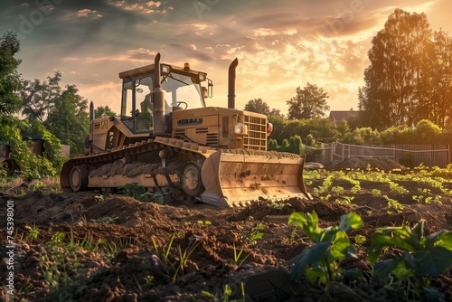 An eco-friendly bulldozer operating in a field, powered by clean energy, preparing the land for a community garden on Earth Day. © Abdul