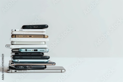 A pile of different smartphones isolated on a white background. photo