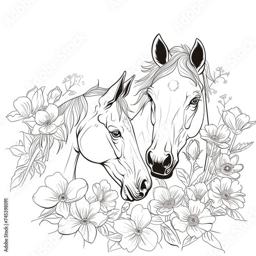 Cute horses with flowers. Isolated outline for coloring book