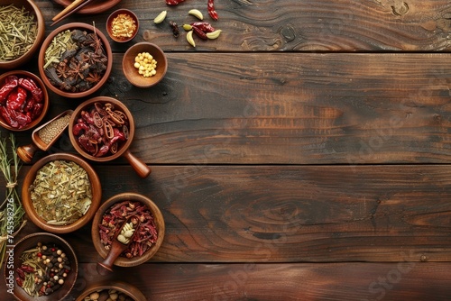 Traditional Chinese herbal medicine selectionon wooden background