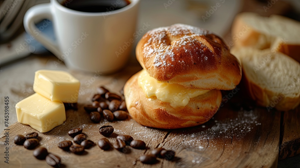 Morning breakfast with bun and butter. Background concept Morning breakfast with bun and butter. Background concept