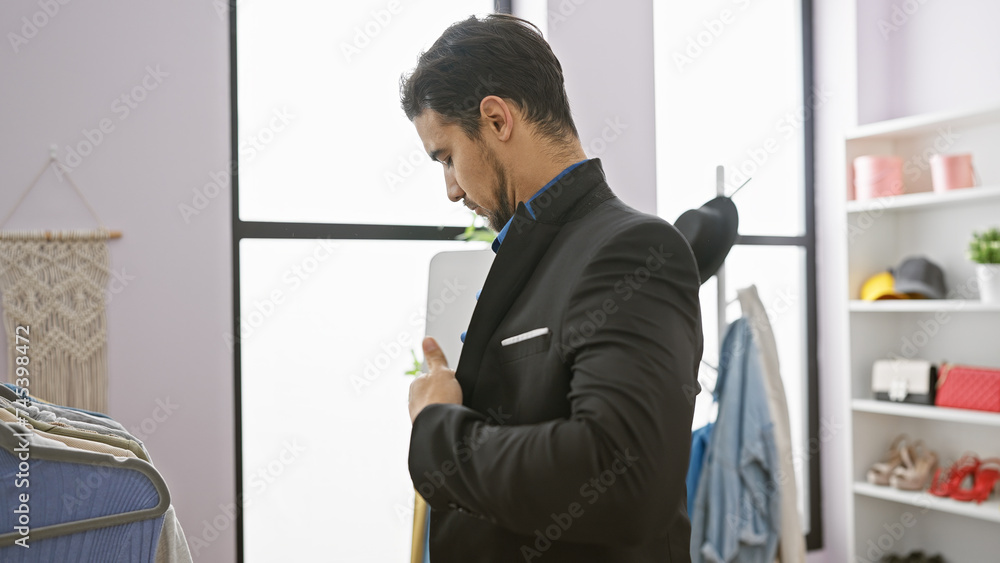 Handsome hispanic man adjusting suit in modern dressing room with clothing rack and mirror. Handsome hispanic man adjusting suit in modern dressing room with clothing rack and mirror.