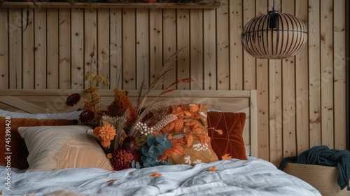 a bed with a bunch of flowers sitting on top of it next to a basket of fruit and a lamp. photo