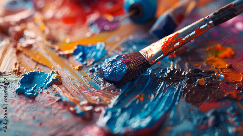 Fototapeta premium An abstract composition of vibrant acrylic paints and artist brushes on a clean tabletop