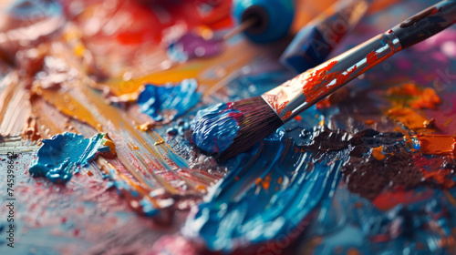 An abstract composition of vibrant acrylic paints and artist brushes on a clean tabletop