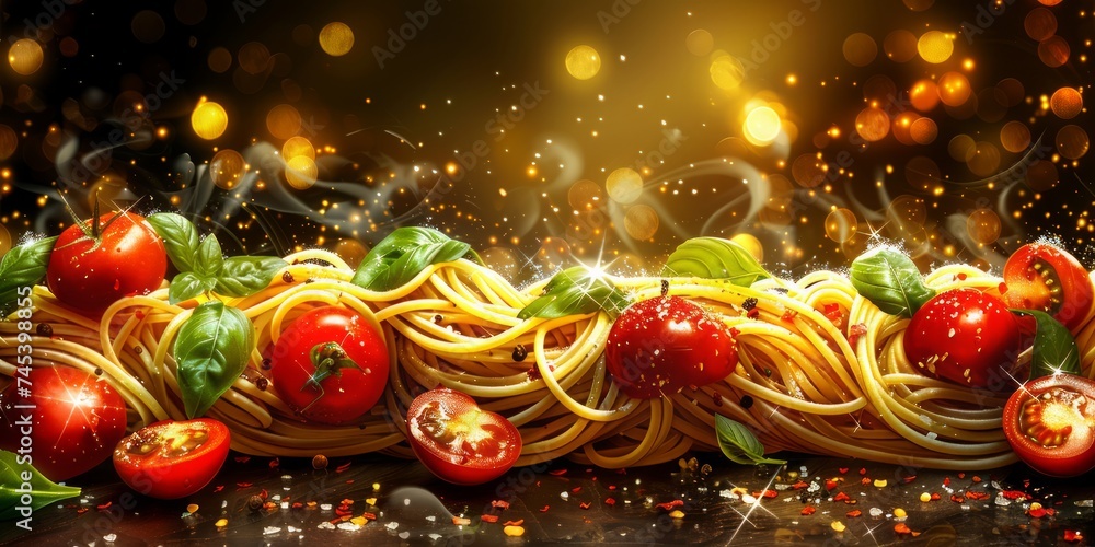 A Magical Composition of Pasta, Ripe Tomatoes, and Fresh Basil, Illuminated by a Warm, Festive Glow, Generative AI