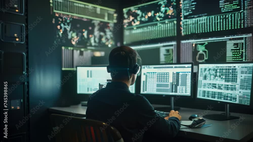 Young man in virtual reality headset working on computer in dark room. An IT specialist rear view working on a personal data security, AI Generated Young man in virtual reality headset working on computer in dark room. An IT specialist rear view working on a personal data security, AI Generated