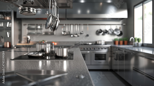 A sleek  modern kitchen featuring stainless steel appliances  granite countertops  and hanging cookware