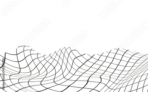 Illustration of a black fishing or football net.Checkered wavy background in doodle style.