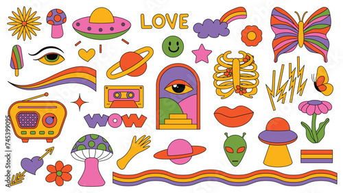 Set of hipster retro cool psychedelic elements. Collection stickers of groovy cliparts from the 70s 60s. Collage with trendy pop vibe with funky design element. Abstract background of cartoon sticker