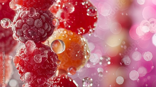 Fruits and berry frozen on supermarket showcase. Background concept