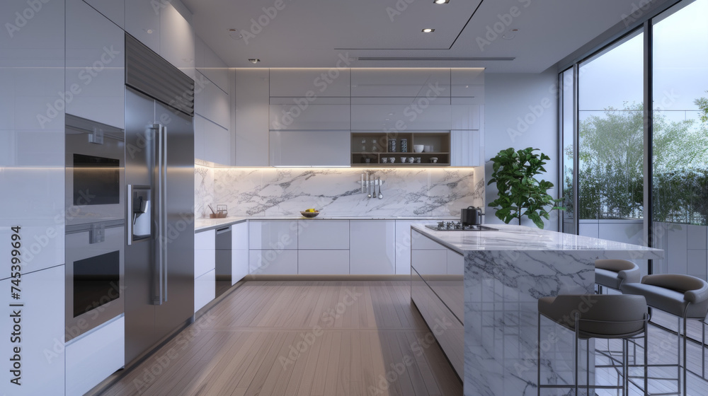 Fototapeta premium A sleek and modern kitchen with white cabinets, marble countertops, and stainless steel appliances