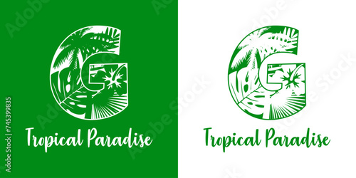 Logo destino de vacaciones. Mensaje Tropical Paradise con letra inicial G con silueta de plantas tropicales