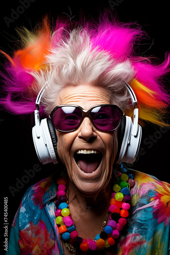 Cool grandma. Elderly woman listens to music on headphones