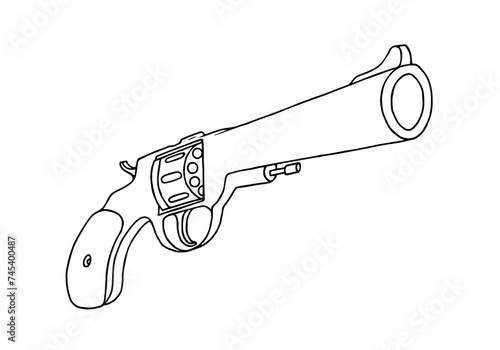 Pistol revolver in doodle style. Freehand drawing. Doodle. Hand Drawn. Outline.	