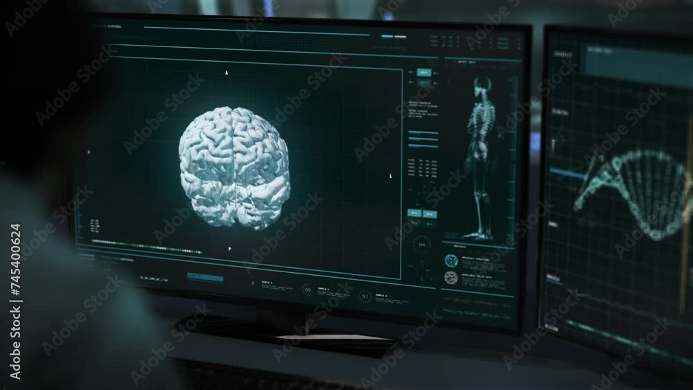 Innovative Medical Scanner Interface Used For Diagnosis Of Brain Tumor. Hospital Laboratory Scanner System Analyzing Patient For Medical Diagnosis. Medical Diagnosis Scanner Finds Brain Tumor Innovative Medical Scanner Interface Used For Diagnosis Of Brain Tumor. Hospital Laboratory Scanner System Analyzing Patient For Medical Diagnosis. Medical Diagnosis Scanner Finds Brain Tumor