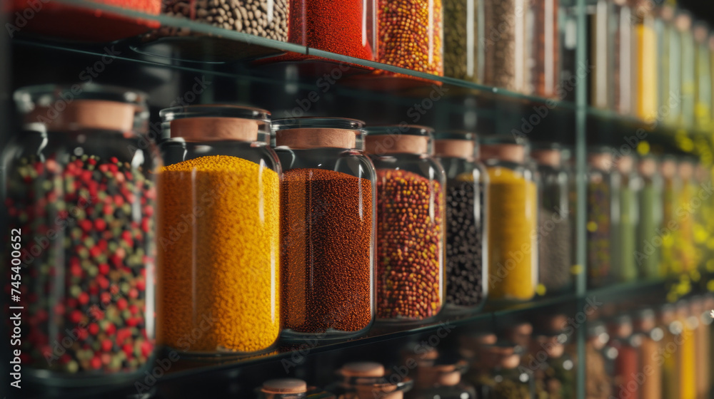 An abstract composition of colorful spices in glass jars neatly arranged on open kitchen shelving An abstract composition of colorful spices in glass jars neatly arranged on open kitchen shelving