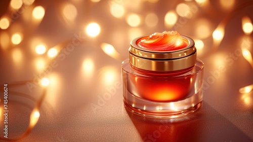 a jar of red liquid sitting on top of a table next to a gold lid and a string of lights. photo