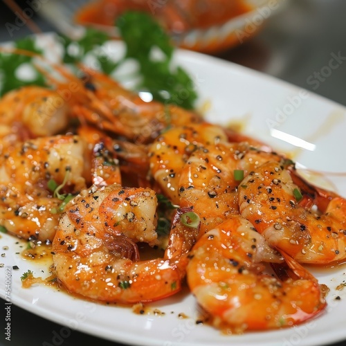 a plate of shrimp with sauce