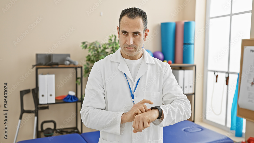 Hispanic man in lab coat checking watch in clinic Hispanic man in lab coat checking watch in clinic
