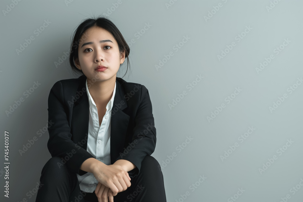 Exhausted Asian business woman, female in formal clothes sitting on ground, looking sad as if thinking or contemplating. Burnout at workplace concept. Generative AI Exhausted Asian business woman, female in formal clothes sitting on ground, looking sad as if thinking or contemplating. Burnout at workplace concept. Generative AI