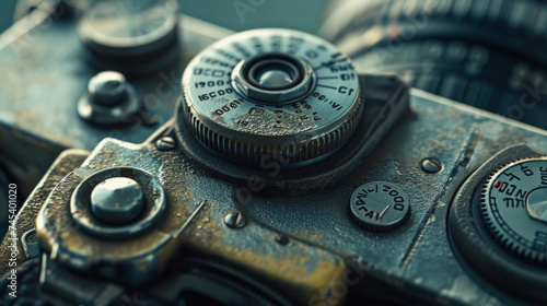 A high-resolution close-up of a vintage camera with detailed knobs, dials, and a lens