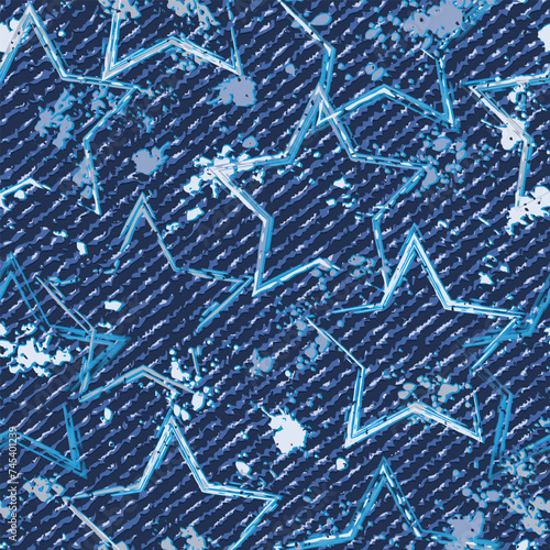 Seamless blue denim pattern with stars, abstract blots, spattered paint. Random composition. Monochrome background. Grunge style