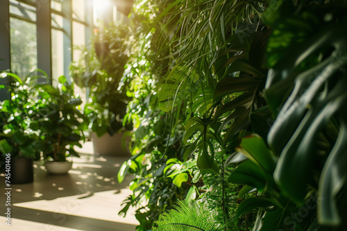 Interior with floral vertical gardens. Green wall. Generative AI © barmaleeva