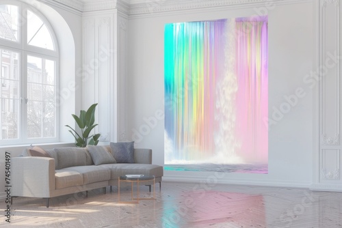 A holographic pastel waterfall cascading down a wall in a bright room with large windows, reflecting vibrant colors on the hardwood floor.