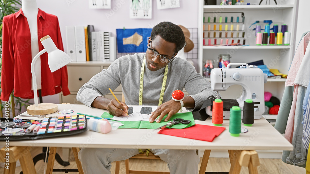 A focused african american man tailoring in a colorful atelier with sewing equipment, fabric, and mannequin. A focused african american man tailoring in a colorful atelier with sewing equipment, fabric, and mannequin.