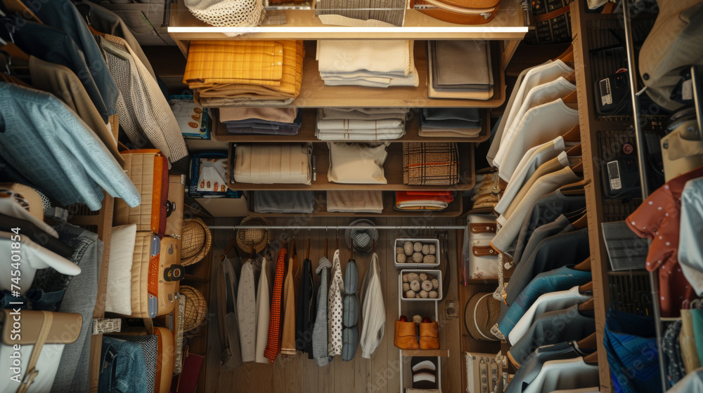 An overhead view of a well-organized closet with shelves, hangers, and neatly folded clothing An overhead view of a well-organized closet with shelves, hangers, and neatly folded clothing