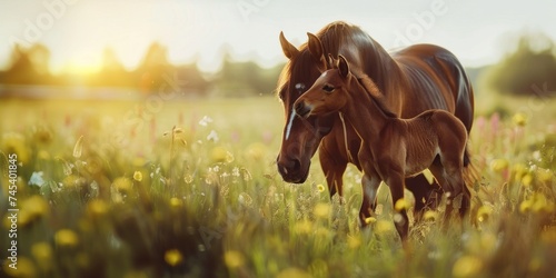 A horse and a foal nuzzling gently in a lush meadow at sunset, with soft golden light and wildflowers.