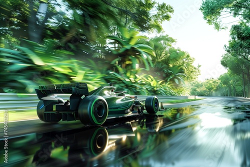 Eco-friendly Formula 1 car racing on a track surrounded by lush forests, symbolizing high-speed sustainability on Earth Day.