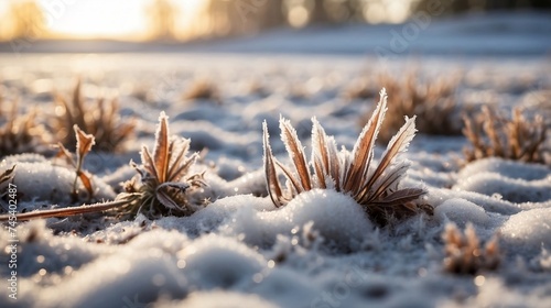 Winter season outdoors landscape, frozen plants in nature on the ground covered with ice and snow, under the morning sun - Seasonal background for Christmas wishes and greeting card generative ai 