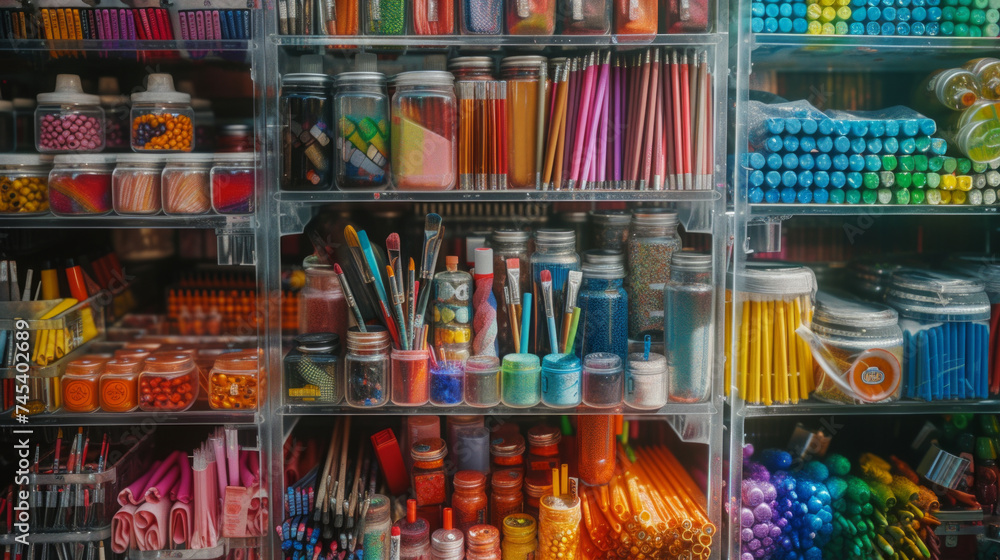 An abstract composition of colorful art supplies neatly arranged in a transparent container