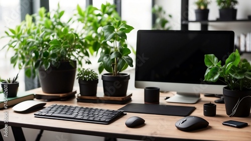 Ergonomic elegant luxury workplace. Modern computer, black leather mousepad and green potted plants on wooden table. Comfortable home office for entrepreneur, freelancer generative ai	
 photo