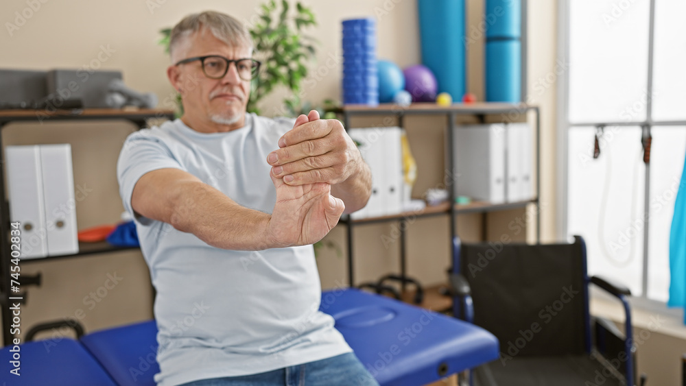 Senior man stretching wrist during physiotherapy in a rehabilitation clinic Senior man stretching wrist during physiotherapy in a rehabilitation clinic