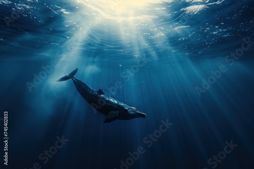Lone sperm whale diving into the deep blue ocean abyss with sun rays filtering through the water surface. Place for text