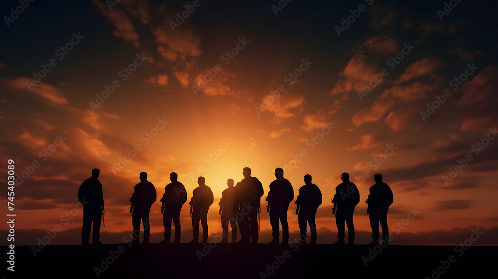 silhouette of u s military men and veterans at sunset - obrazy, fototapety, plakaty 