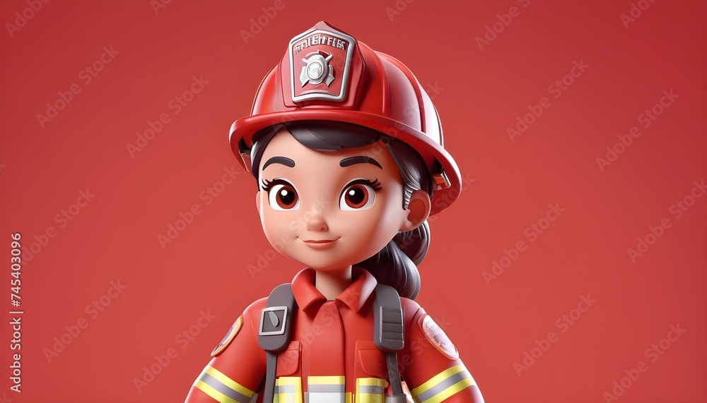 Toon firewoman in uniform, pastel red background Toon firewoman in uniform, pastel red background