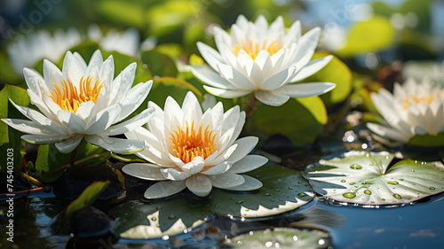 Beautiful flowers white lilies on the water. Water lilies in the swamp. Generated by artificial intelligence