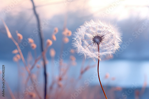 Dandelion and its seeds on a blue blurred background. Spring  summer background. Generated by artificial intelligence