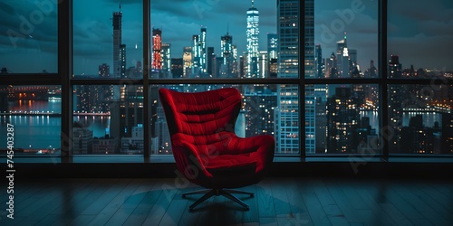 Modern interior with a view: elegant red chair, floor-to-ceiling windows, city skyline at night. perfect for articles on decor. AI