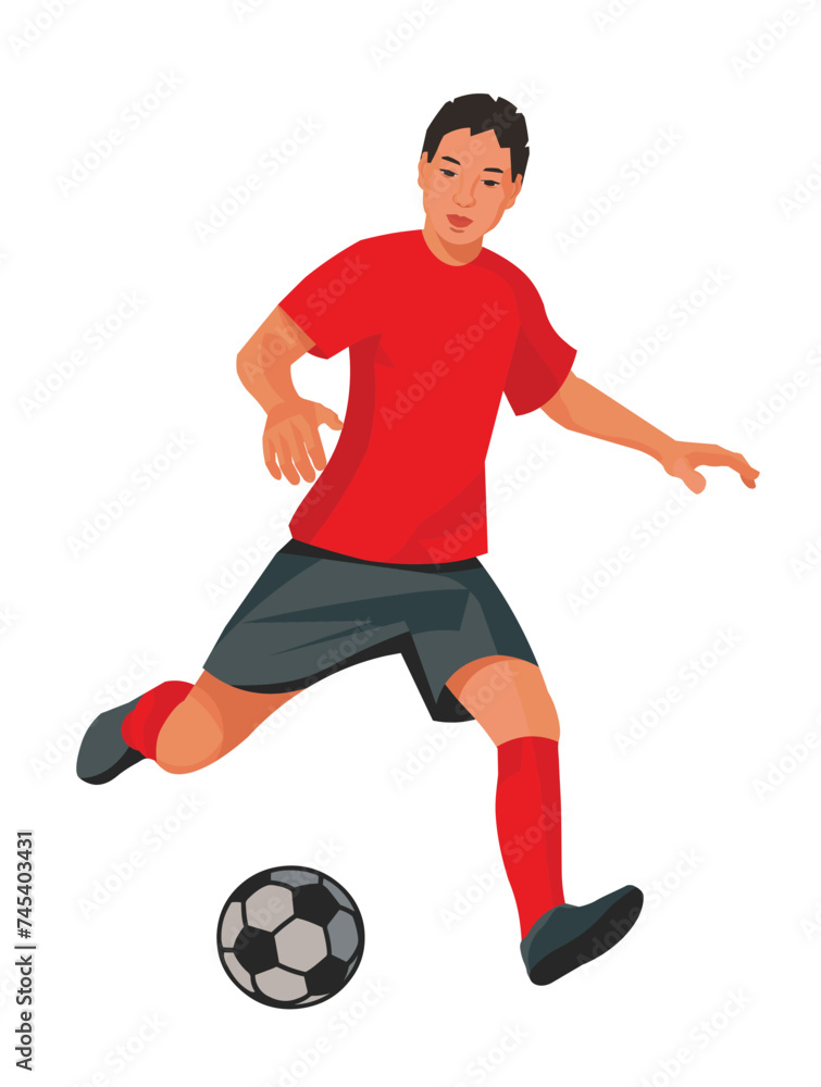 Figure of a Chinese boy playing football in red uniform running and dribbling at the championship