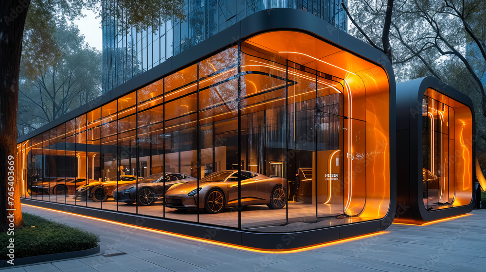 Obraz premium Electric Car Showroom. Automotive Revolution