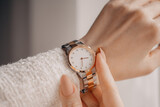 Stylish elegant watch on woman hand.