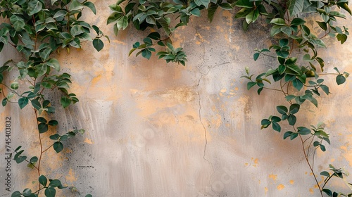 Plant leaves branch flora on old grunge garden wall. Background concept