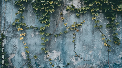 Plant leaves branch flora on old grunge garden wall. Background concept